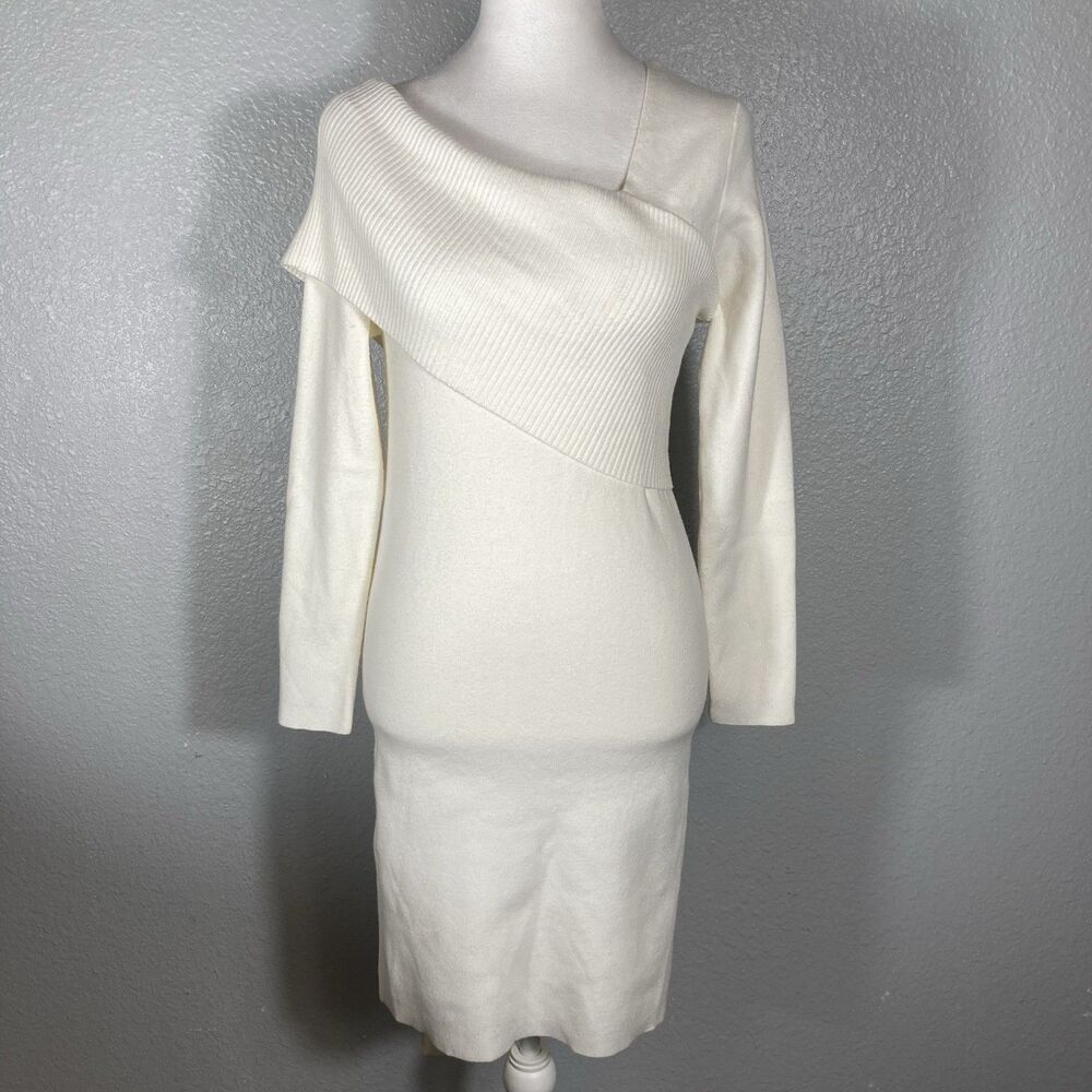 Womens Ivory Cream Sweater Dress M Elegant One Shoulder Luxury READ